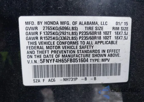 2015 Honda Pilot Ex-L z USA, uszkodzony, nr VIN 5FNYF4H65FB051604